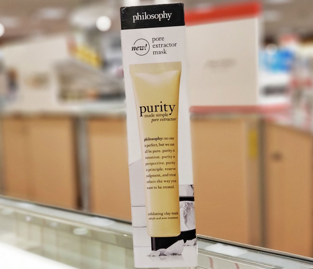 tube of purity made simple face mask on a glass display table at store