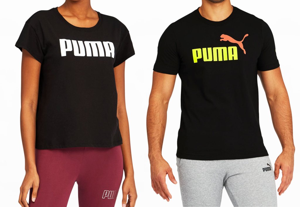 man and woman modeling black puma logo tees