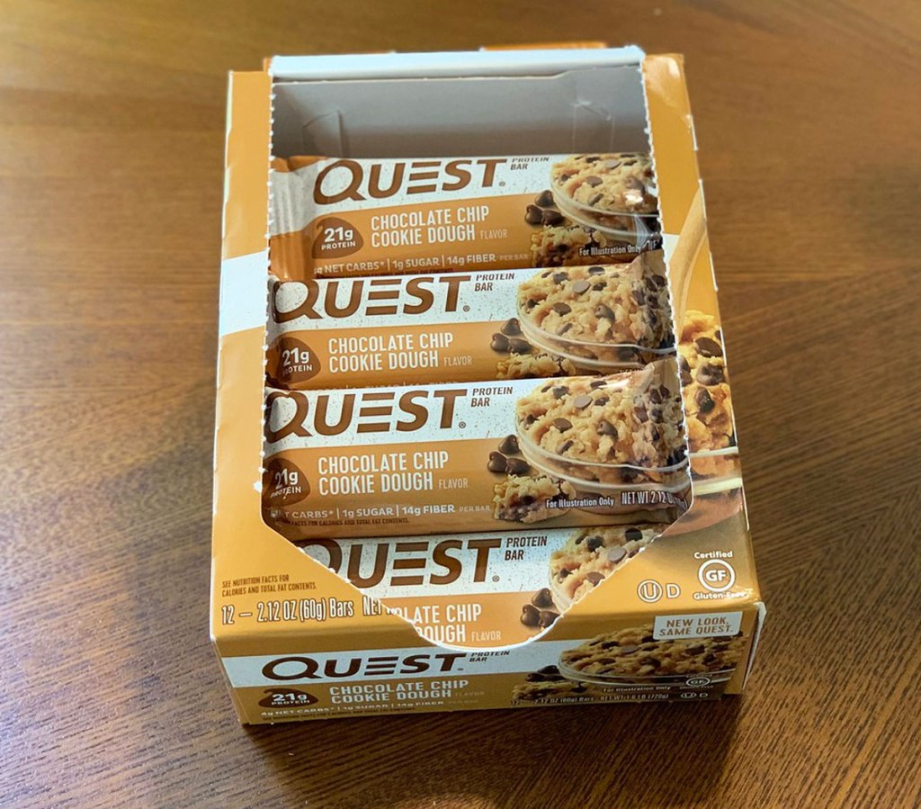 opened box of quest cookie dough flavor bars
