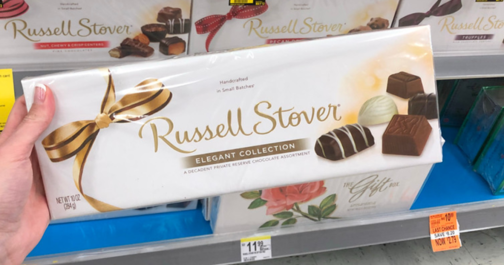 lady holding Russell Stover Chocolates