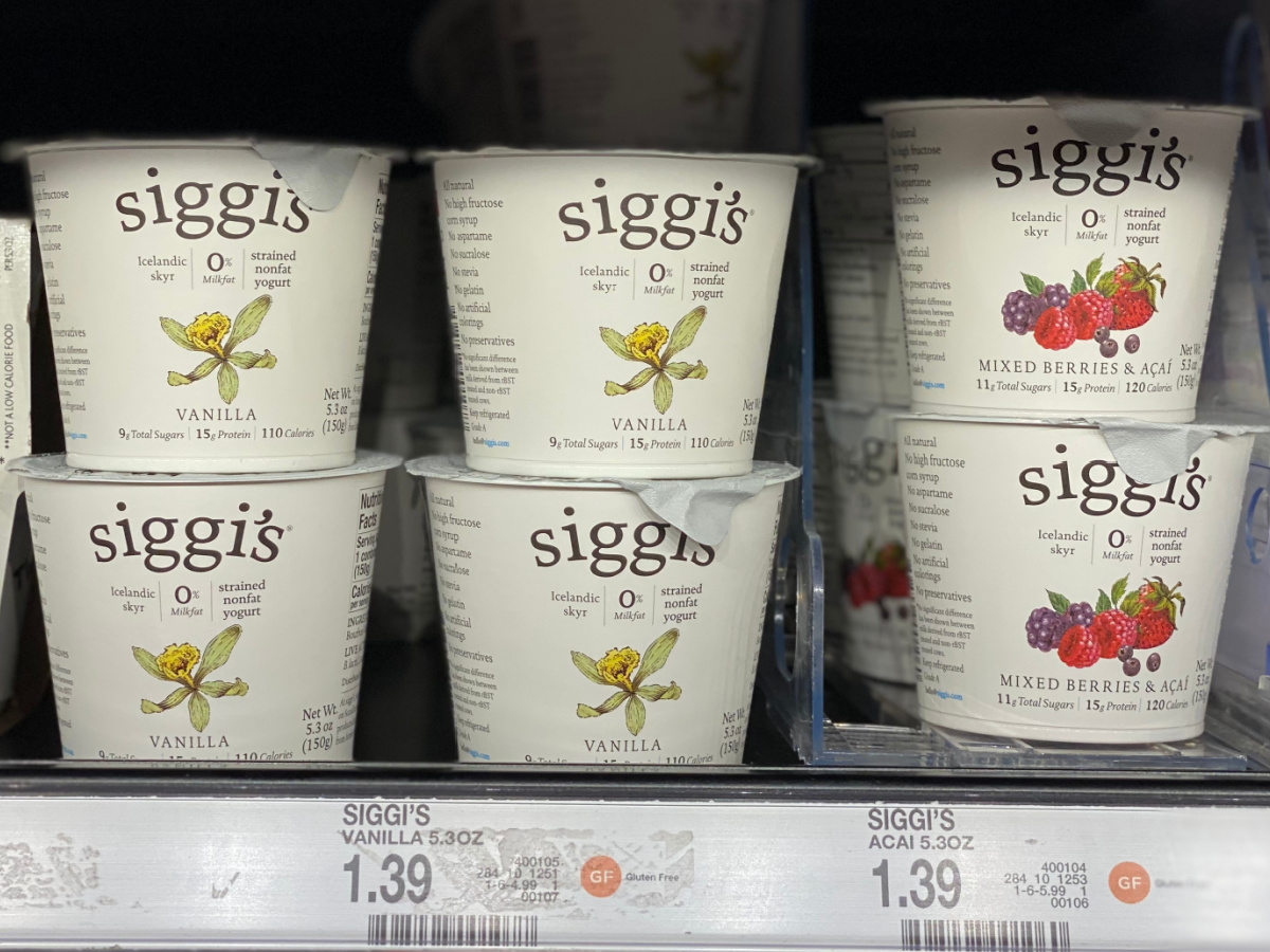 cups of siggis yogurts on a target store shelf