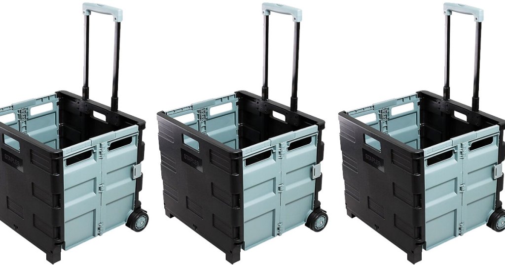 three black and grey wheeled carts with telescoping handles