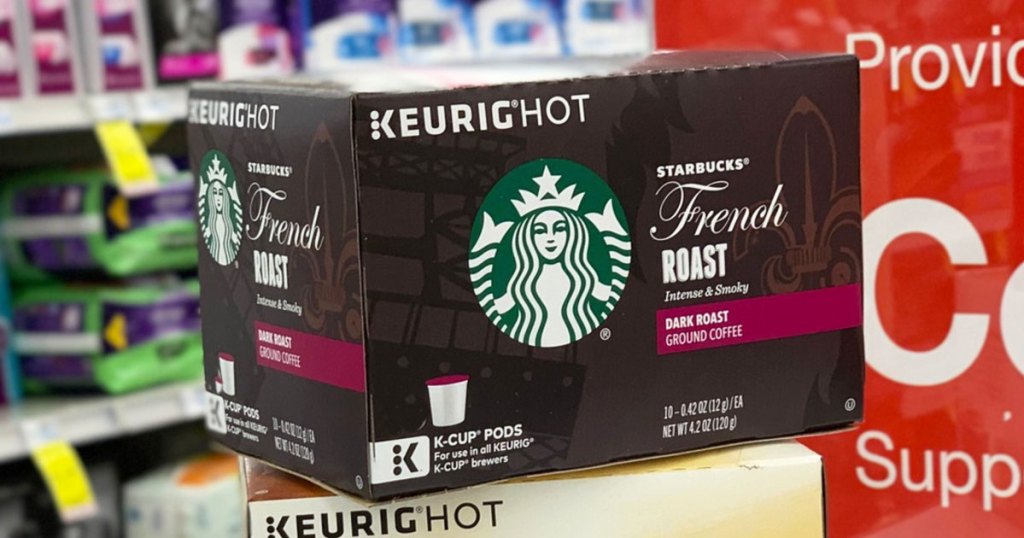 brown box of starbucks french roast coffee pods