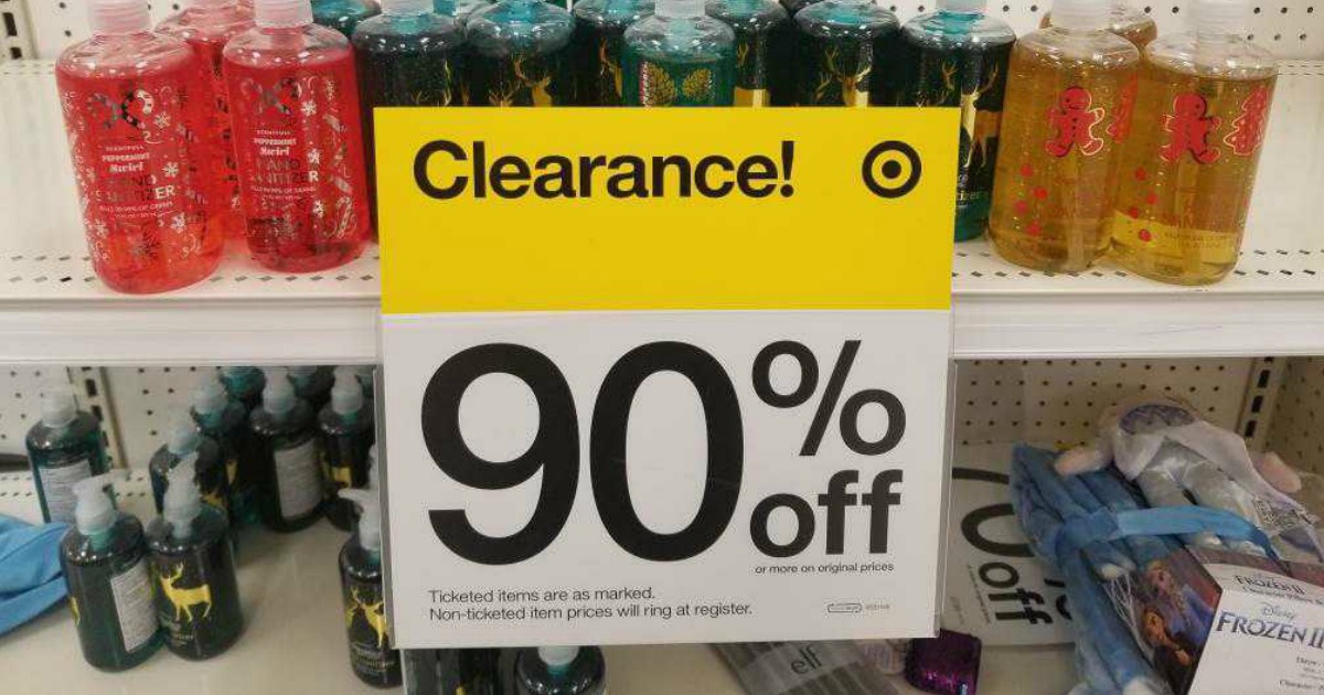 90% off clearance tag near shelf of hand soaps