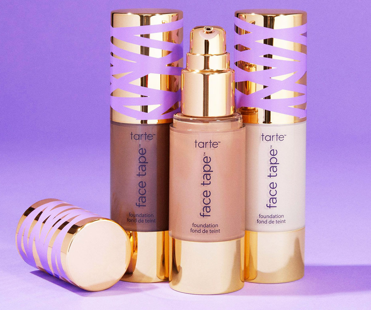 three bottles of tarte face tape foundation in different shades