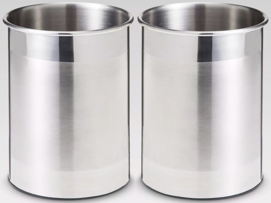 two Threshold Stainless Steel Utensil Storage Containers side by side