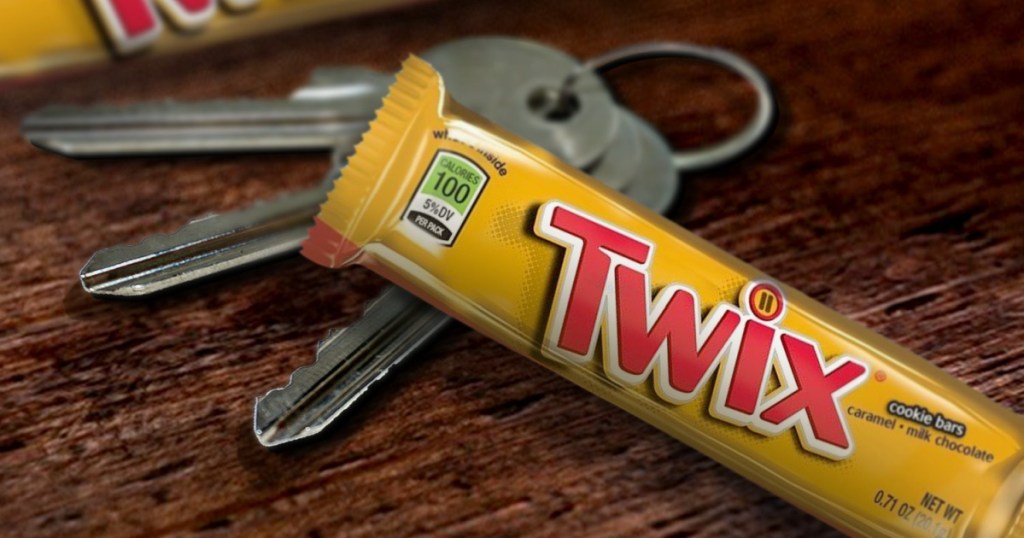 Twix candy bar next to keys