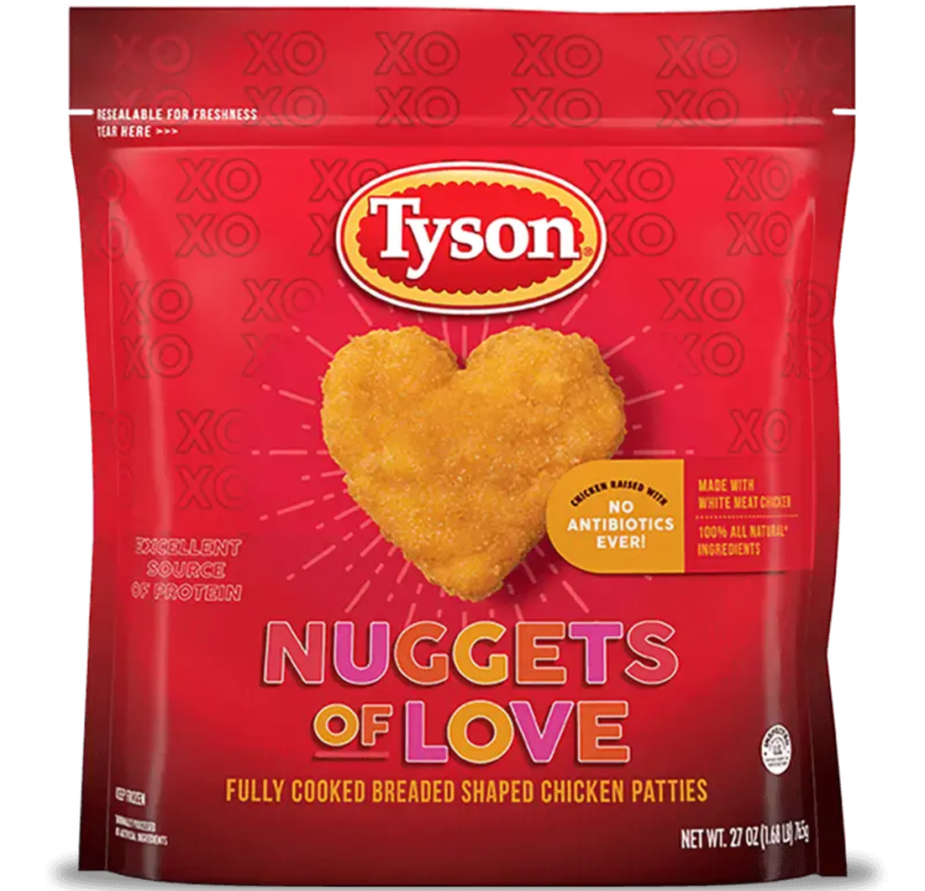 bag of Tyson heart-shaped chicken nuggets