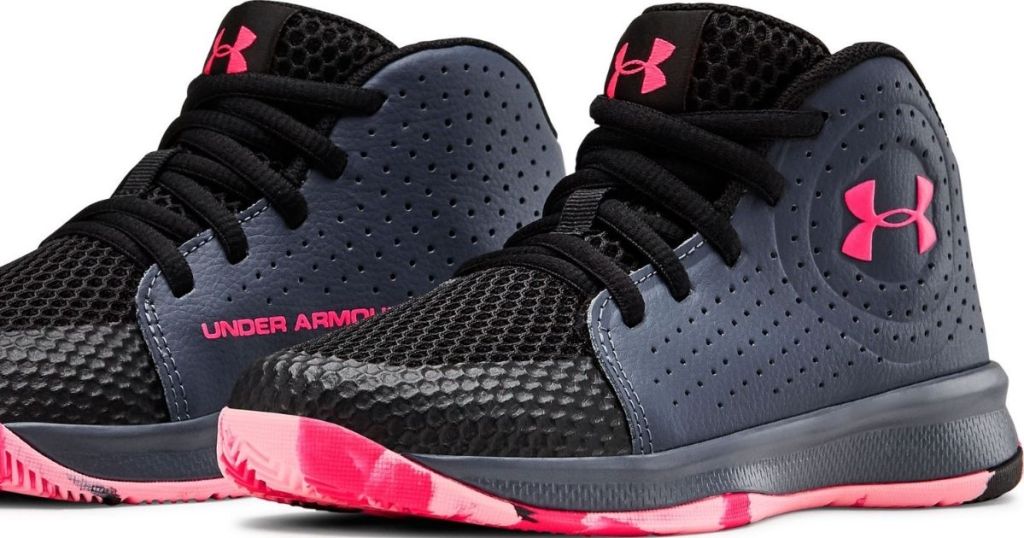 pair of black and pink Under Armour Sneakers