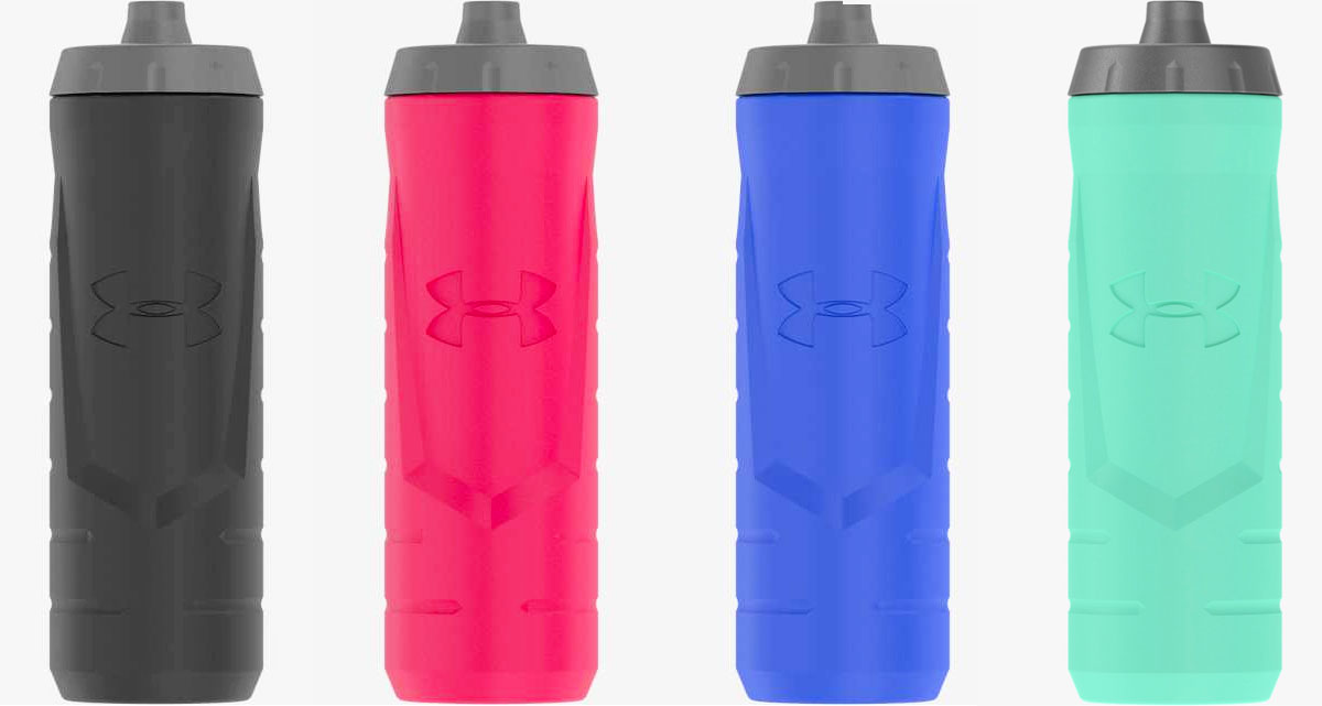 black, pink, blue, and mint green squeezable water bottles