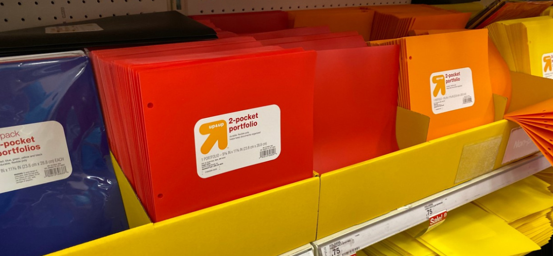 display of folders in the Target school supplies aisle