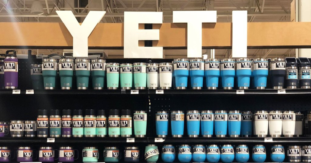 display of YETI drinkware at a store