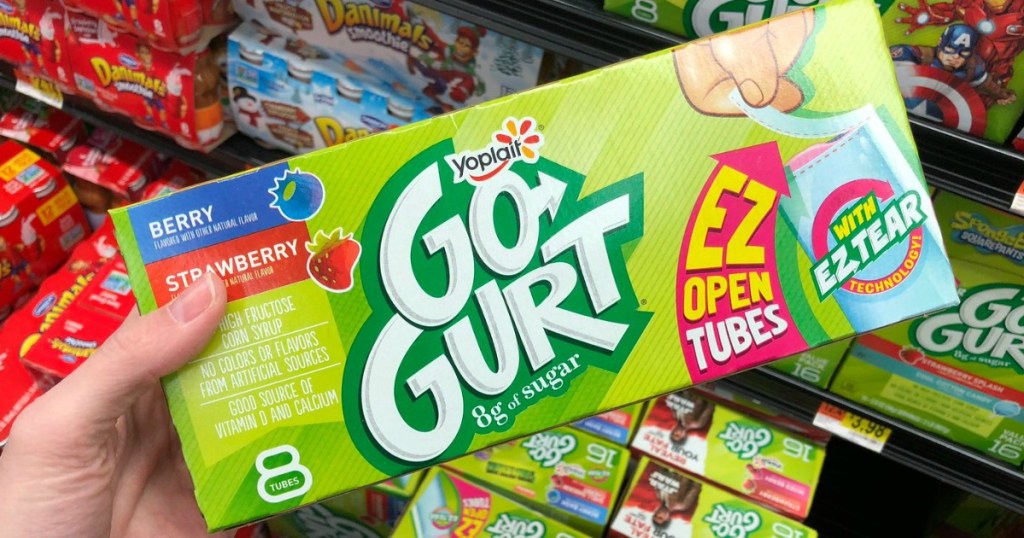 hand holding Yoplait GoGurts pack in store