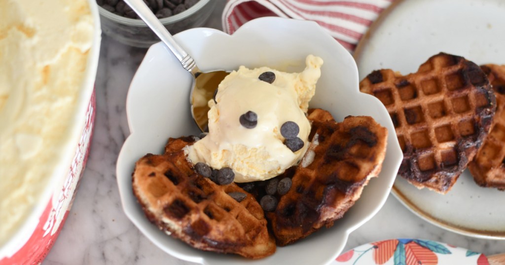 bowl with heart shaped cookie waffles and ice cream