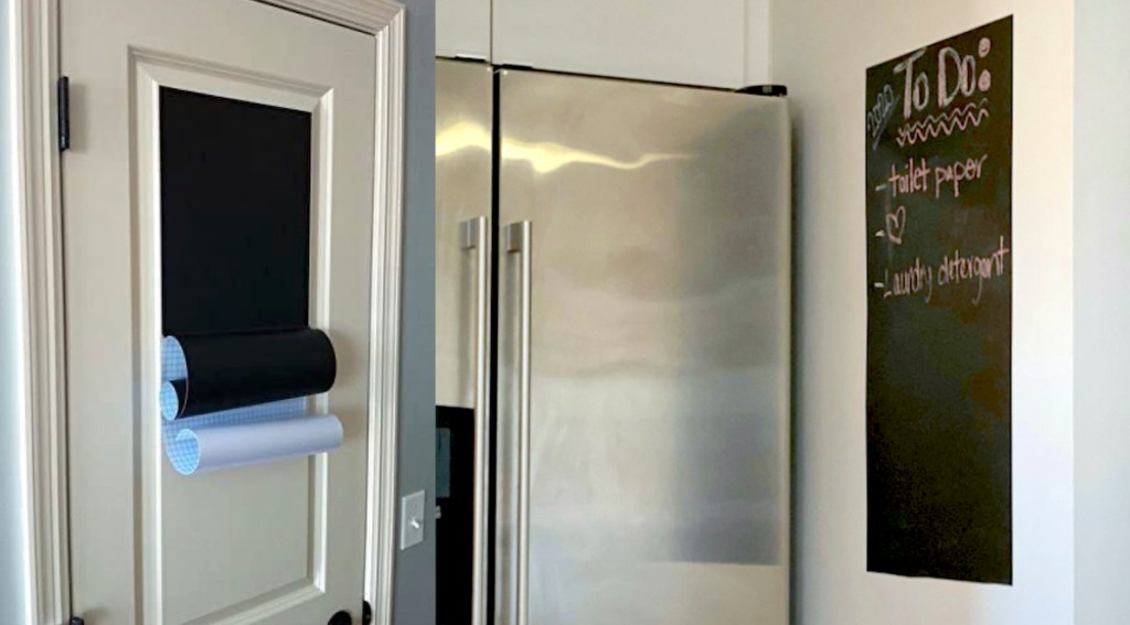 chalkboard vinyl on white interior door and on wall next to fridge