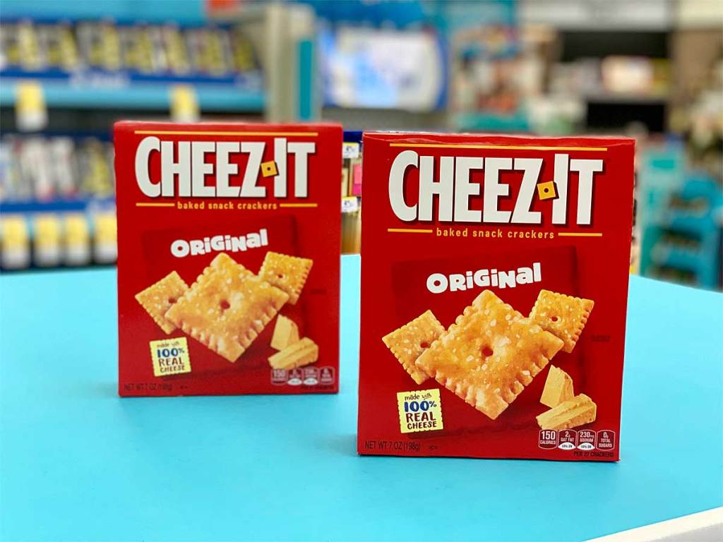 two boxes of cheese crackers on shelf