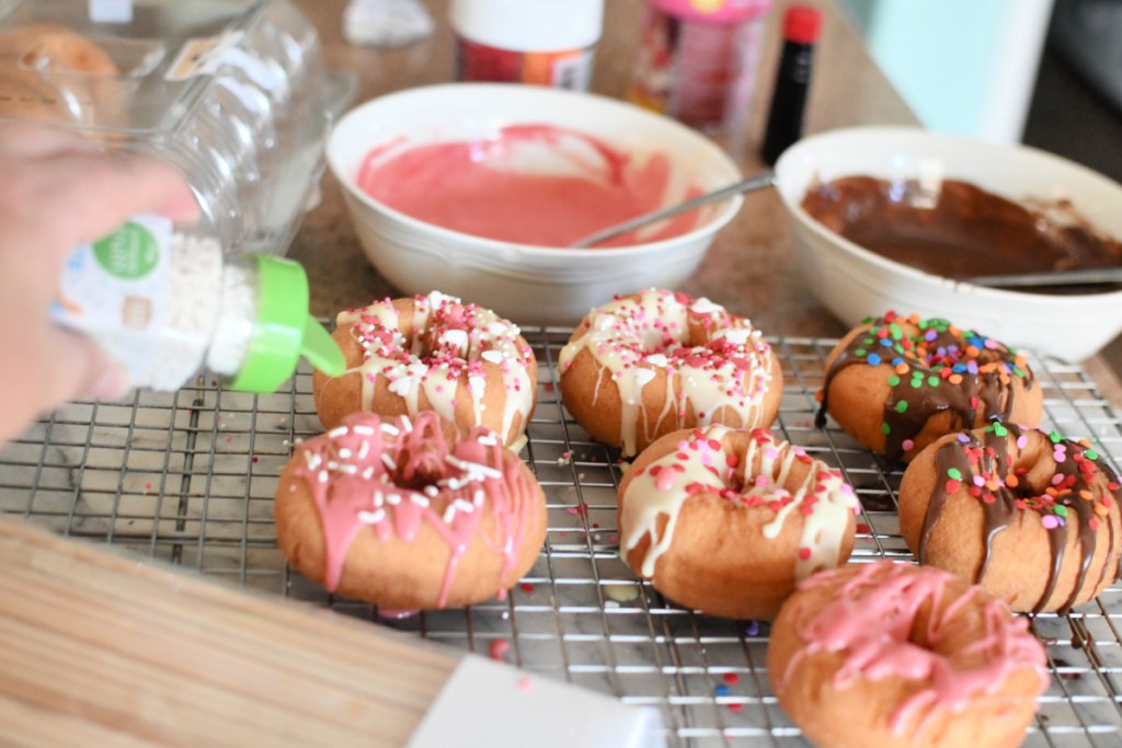 decorating plain donuts for donut bouquet
