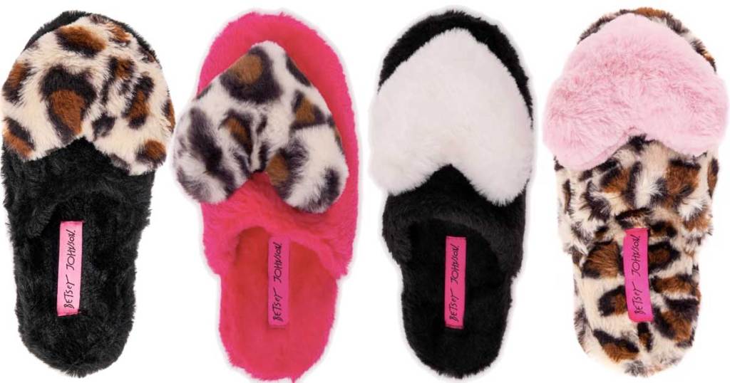 4 betsey johnson fuzzy slippers lined up next to each other