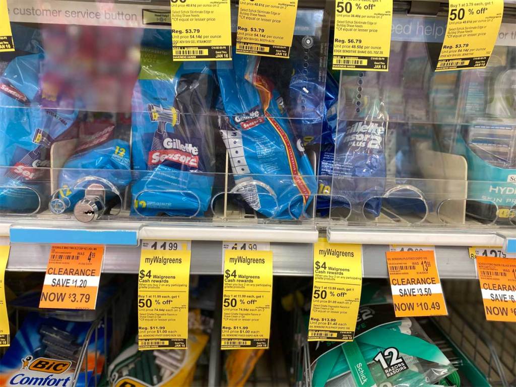 packs of shavers on shelf in a store