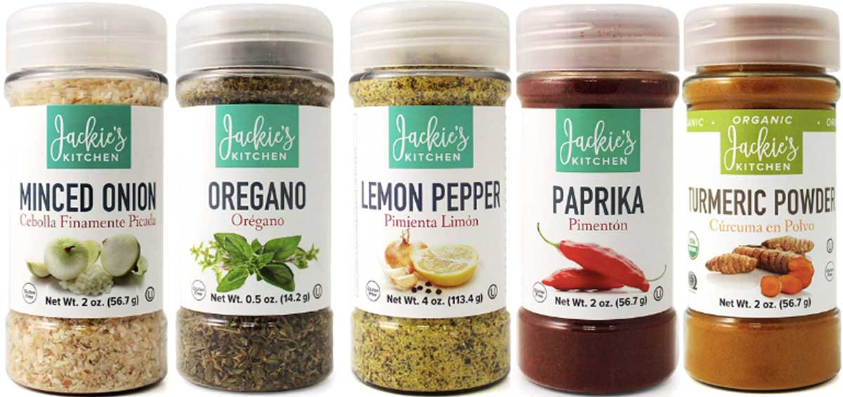 jackie's kitchen spices in a row