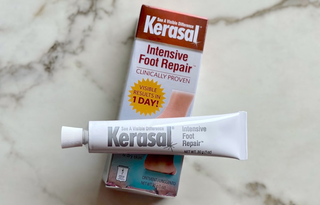 kerasal foot cream with box sitting on marble countertop