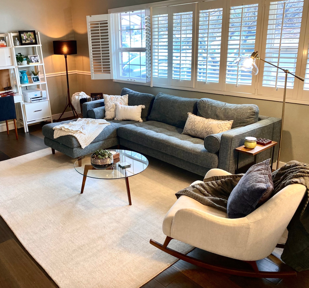 living room with article mid-century modern furniture pieces 