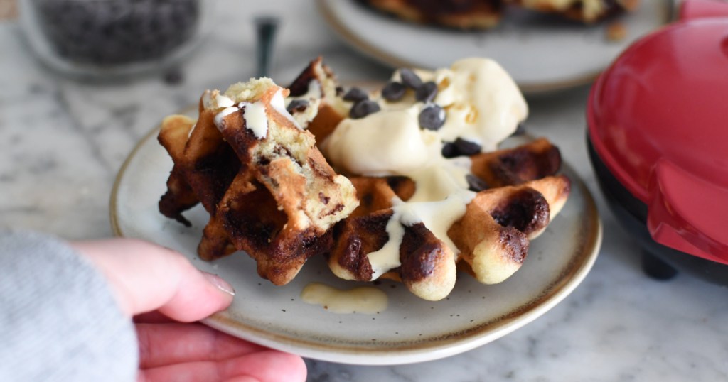 plate with chocolate chip cookie waffles