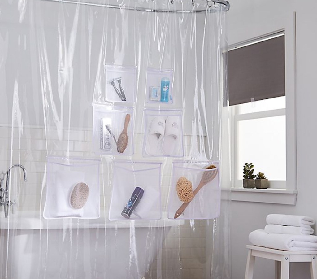 clear shower curtain liner with pockets - bathroom storage ideas