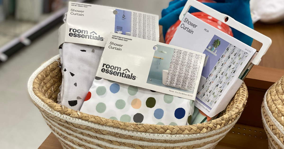 shower curtains at target in store in a basket
