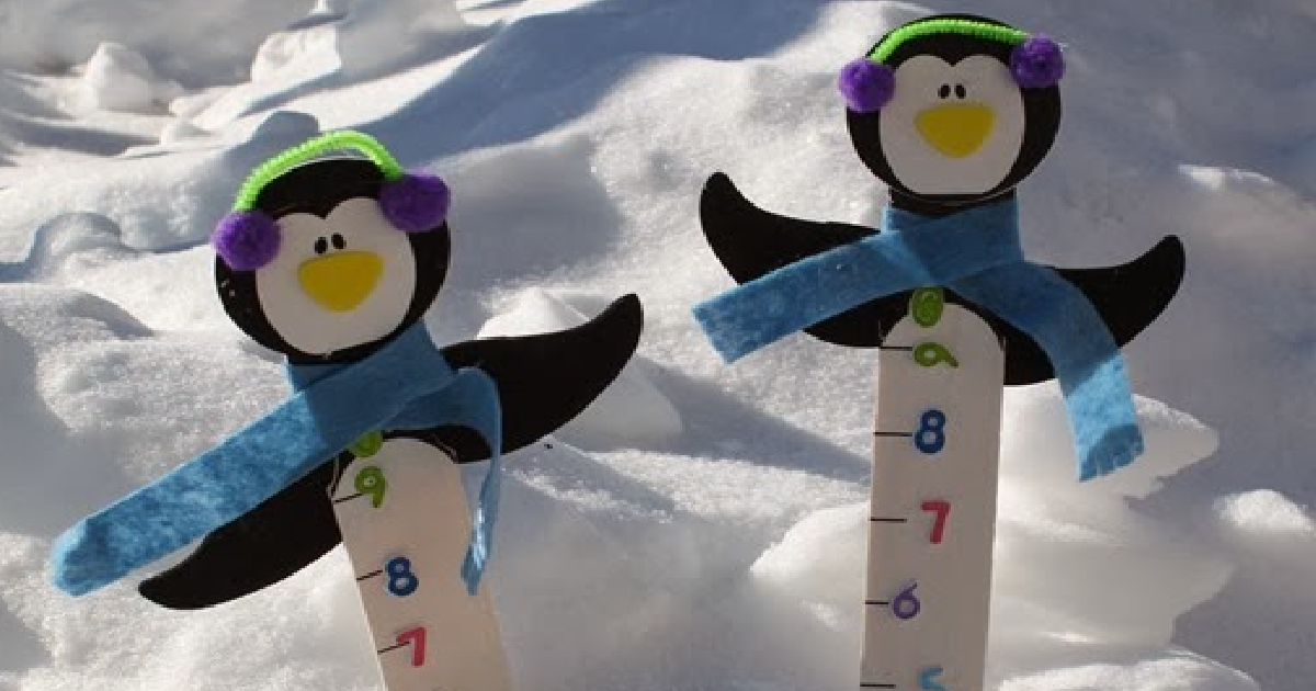 two penguins sticks measuring the snow