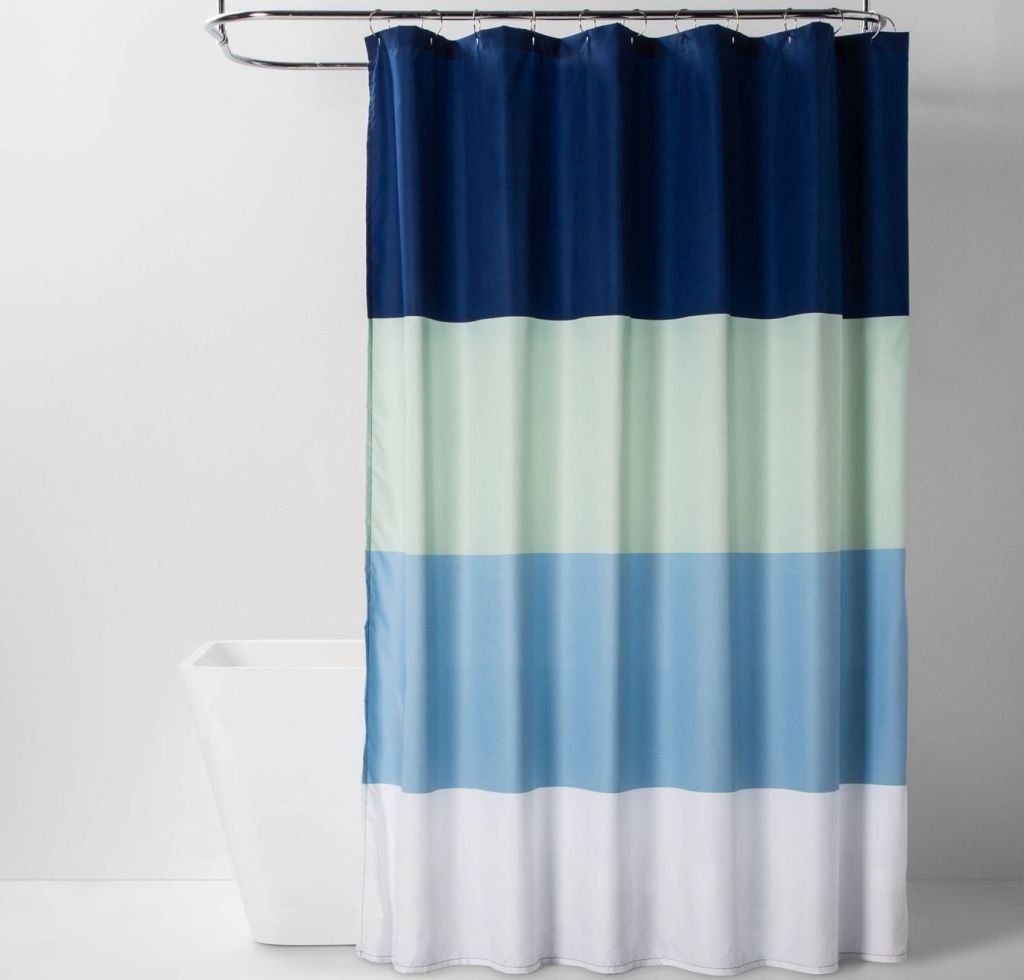 colorblock blue striped shower curtain