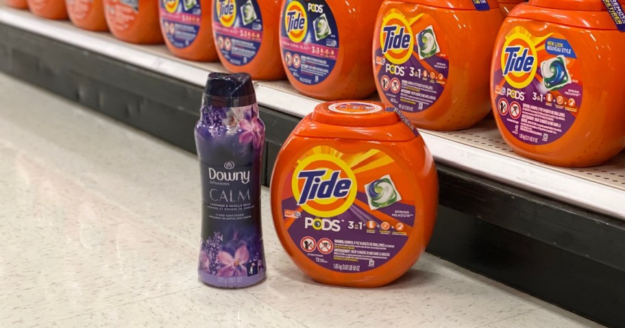 tide pods and unstopables on floor at store