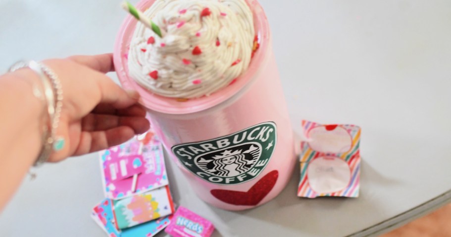 Adorable & Easy DIY Starbucks Frappuccino Valentine’s Box (Upcycle an Oatmeal Canister!)