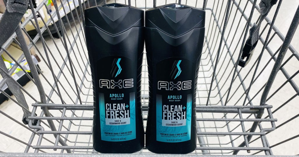 two bottles of axe body wash in a shopping cart
