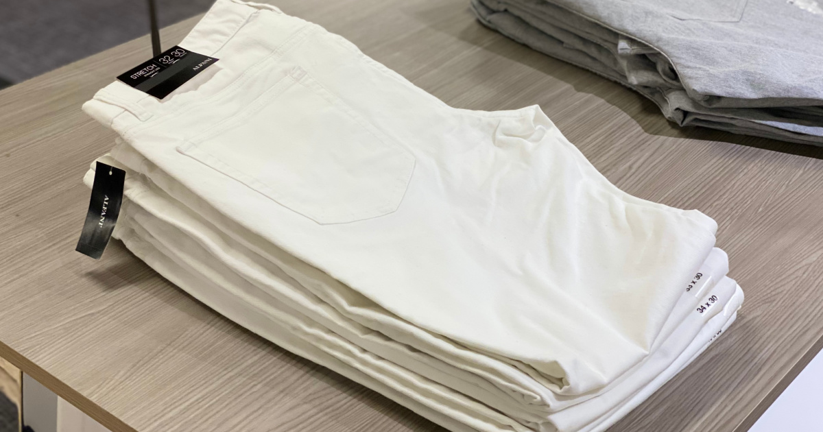 Women's white pants on display in-store