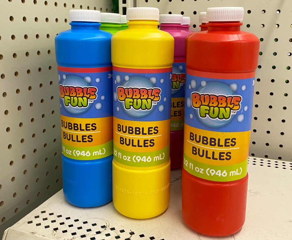 tall containers of bubbles on shelf at dollar tree