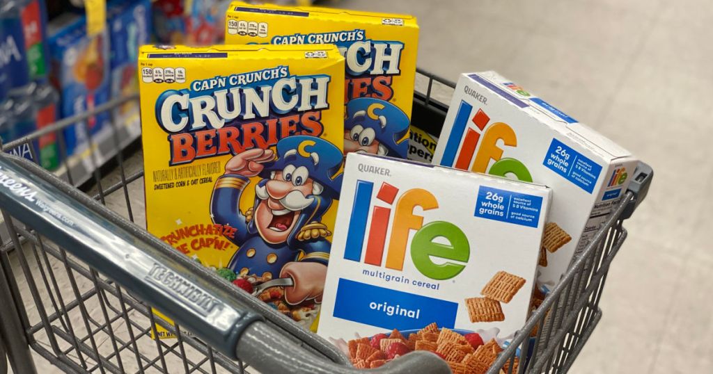 four cereal boxes in cart
