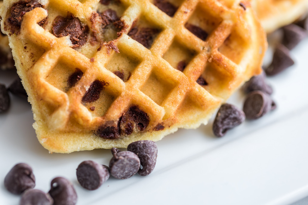close up of chocolate chip cookie waffles 