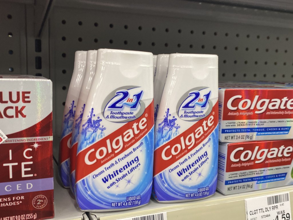 colgate toothpaste on store shelf