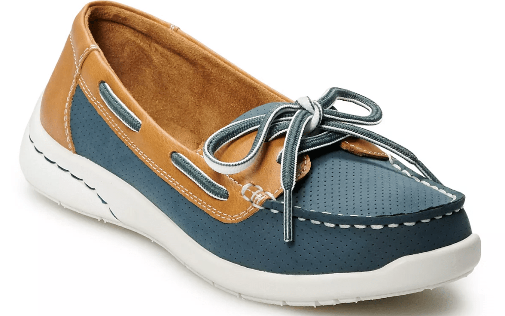 blue, tan and white women's boat shoe
