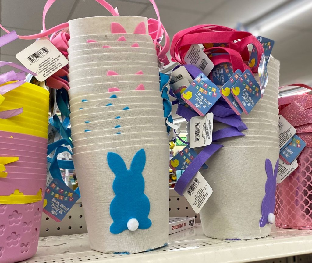 small baskets with bunnies on them on shelf at dollar tree