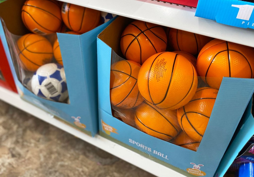 mini basketballs on shelf at dollar tree