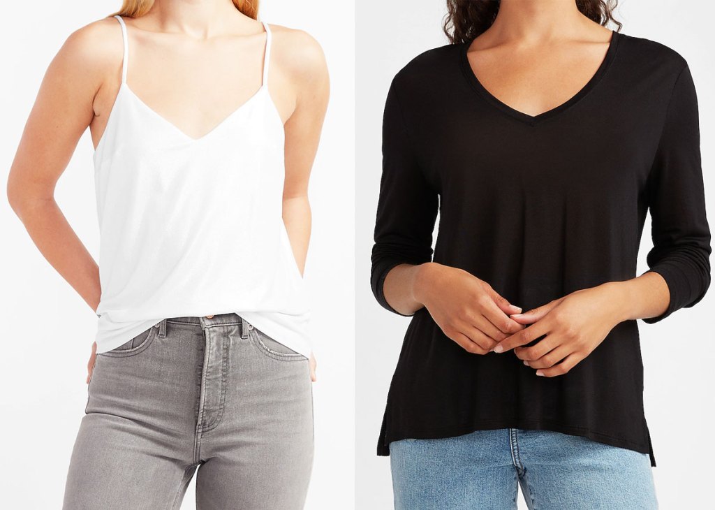 two women modeling a white cami and black long sleeve tee