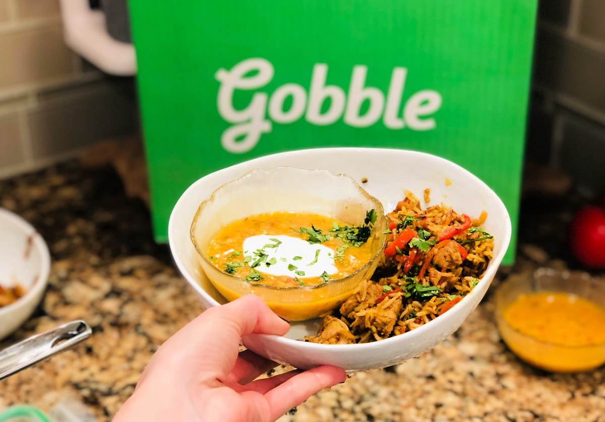 Gobble food in bowl