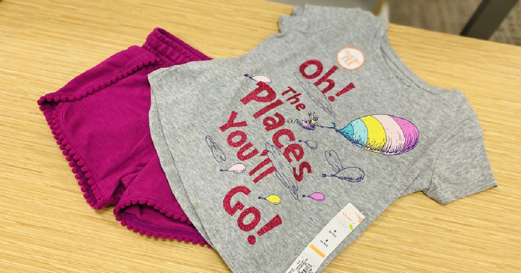purple shorts and Dr. Seuss tee from Kohl's
