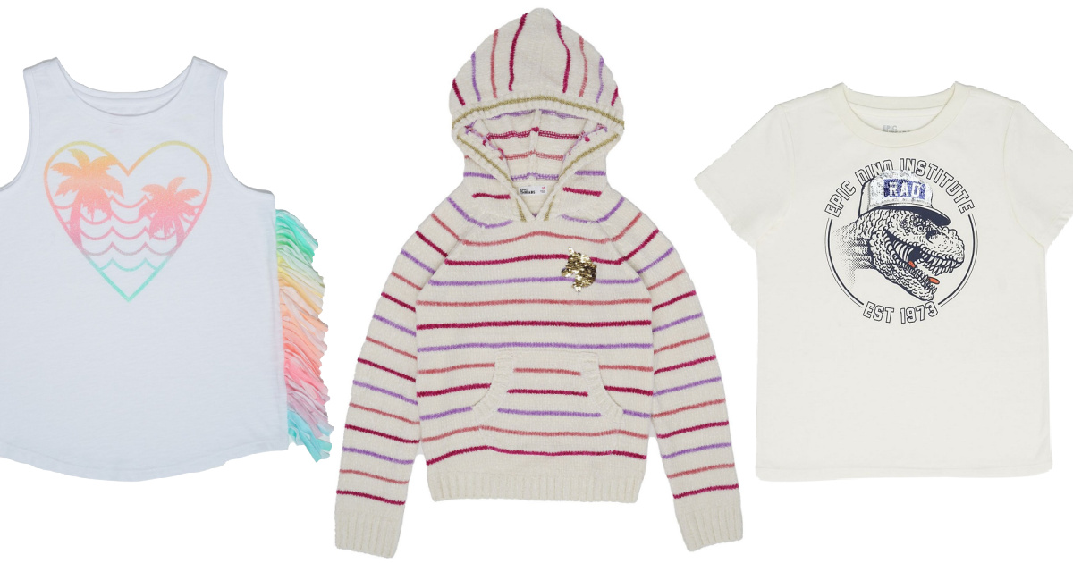 girls fringe tank, girls pink and ivory striped unicorn hoodie, and boys dinosaur graphic tee