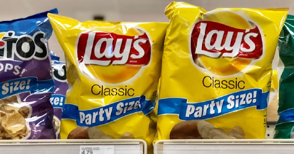two bags of yellow chips on shelf