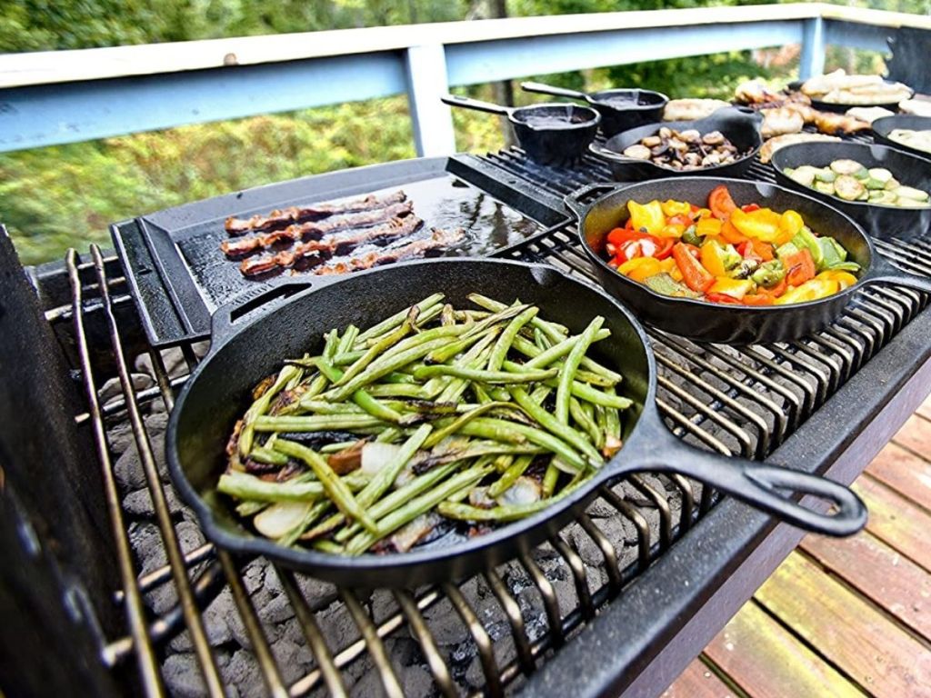 Lodge Cast Iron Cookware on outdoor open Grill