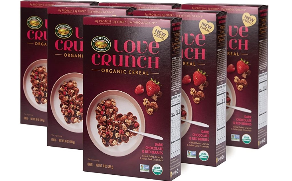 six boxes of Love Crunch cereal