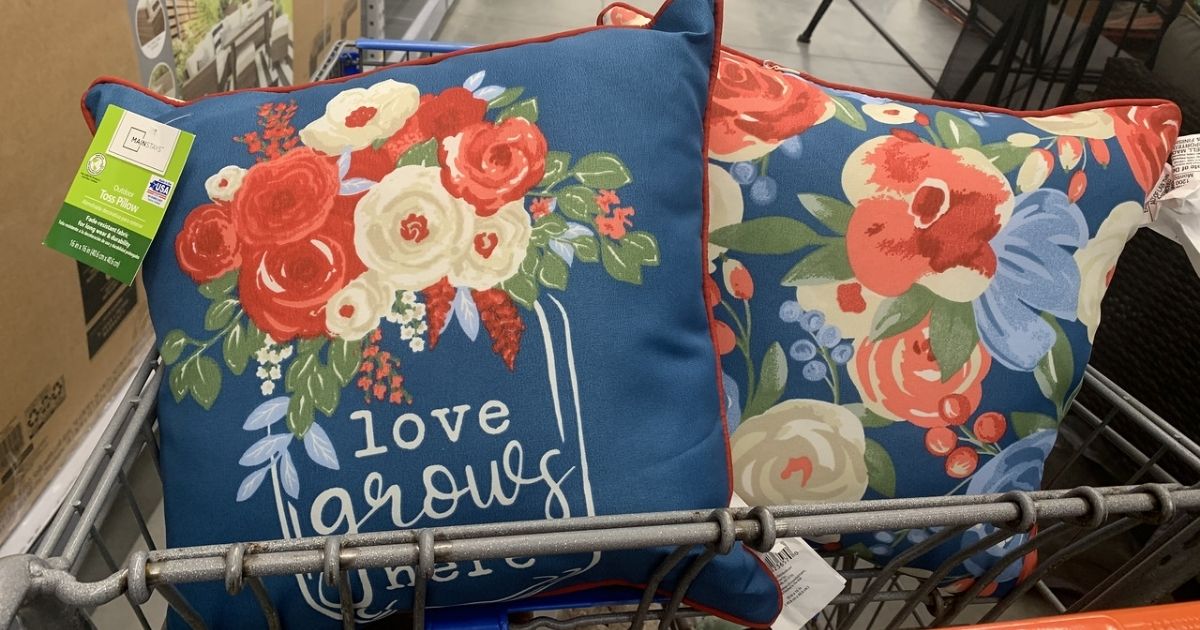 Mainstays Love GRows HEre and floral pillows in cart